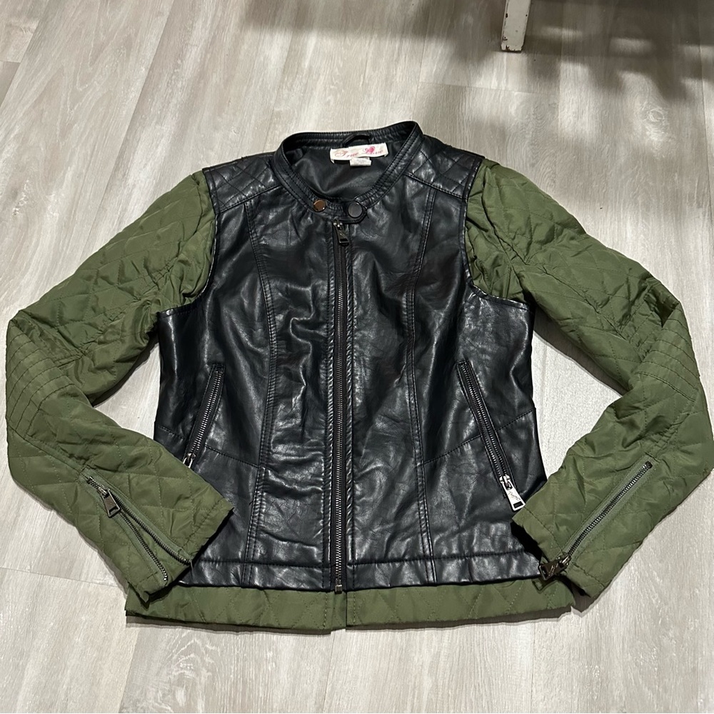 True Love Green Black Faux Leather Jacket Sz M